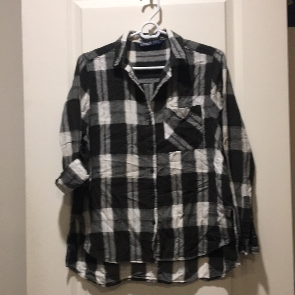 Zara womens Plaid button down Long Sleeve Shirt Size XS black white